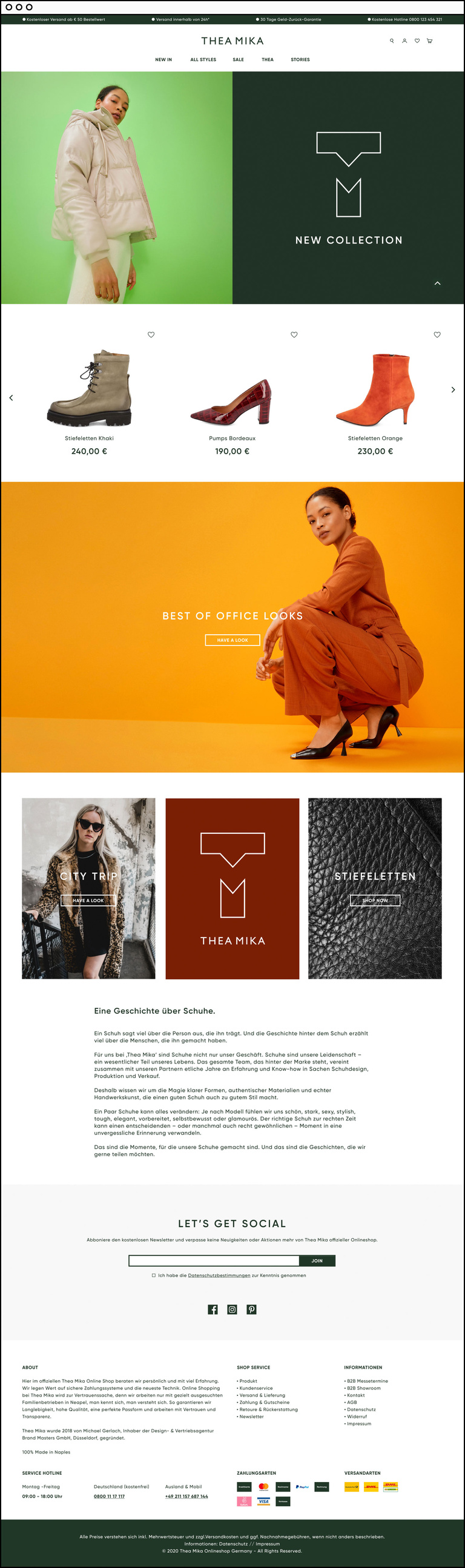 Screenshot of Thea Mika's webshop frontpage
