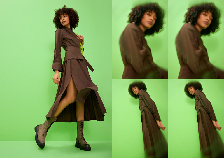 Double page from Thea Mika's lookbook for the Autumn-Winter 2023 collection woman in khaki green boots standing in a green set